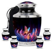 Dark Black Butterfly Cremation Urn lifestyle display on memorial shelf - stylized abstract butterfly pattern with bold lines - memorial set with one large and four small urns