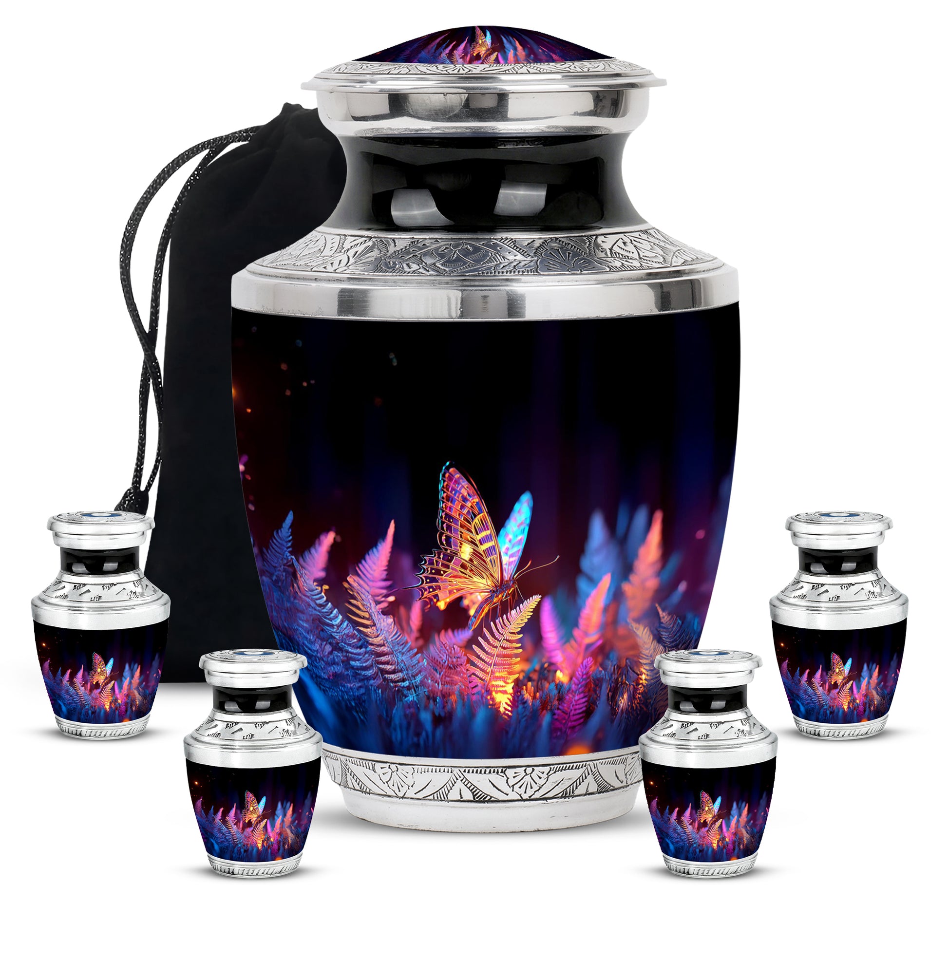 Dark Black Butterfly Cremation Urn lifestyle display on memorial shelf - stylized abstract butterfly pattern with bold lines - memorial set with one large and four small urns