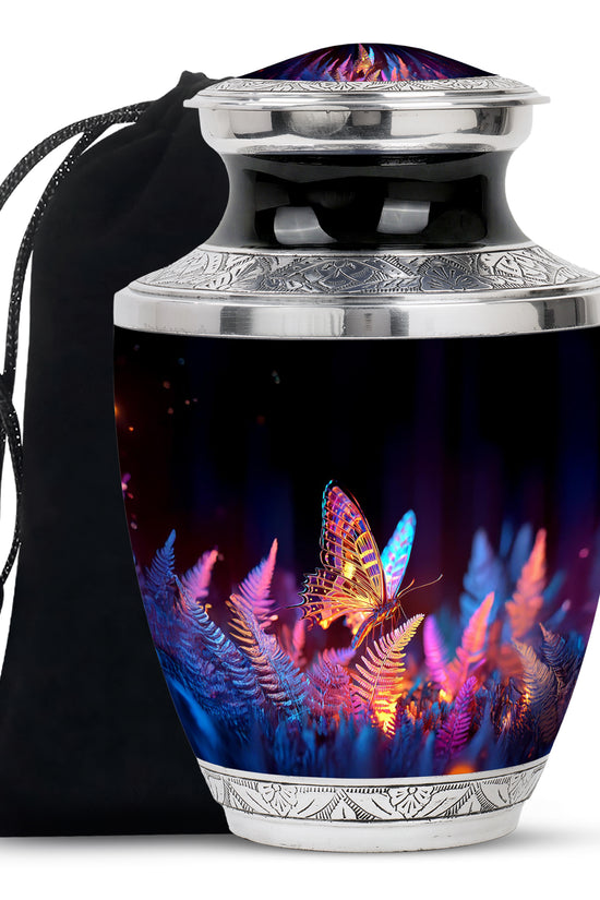 Midnight Black Butterfly Cremation Urn side profile showing urn shape - stylized abstract butterfly pattern with bold lines - full-size 10 inch 200 cubic inch adult cremation urn