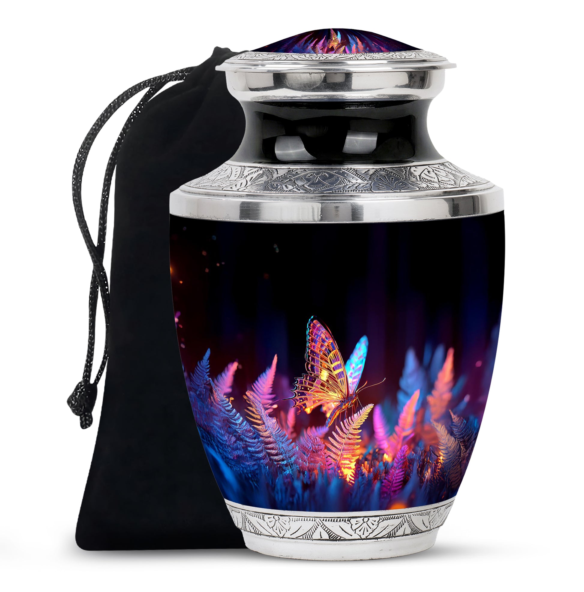 Midnight Black Butterfly Cremation Urn side profile showing urn shape - stylized abstract butterfly pattern with bold lines - full-size 10 inch 200 cubic inch adult cremation urn