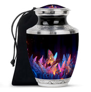 Midnight Black Butterfly Cremation Urn side profile showing urn shape - stylized abstract butterfly pattern with bold lines - full-size 10 inch 200 cubic inch adult cremation urn