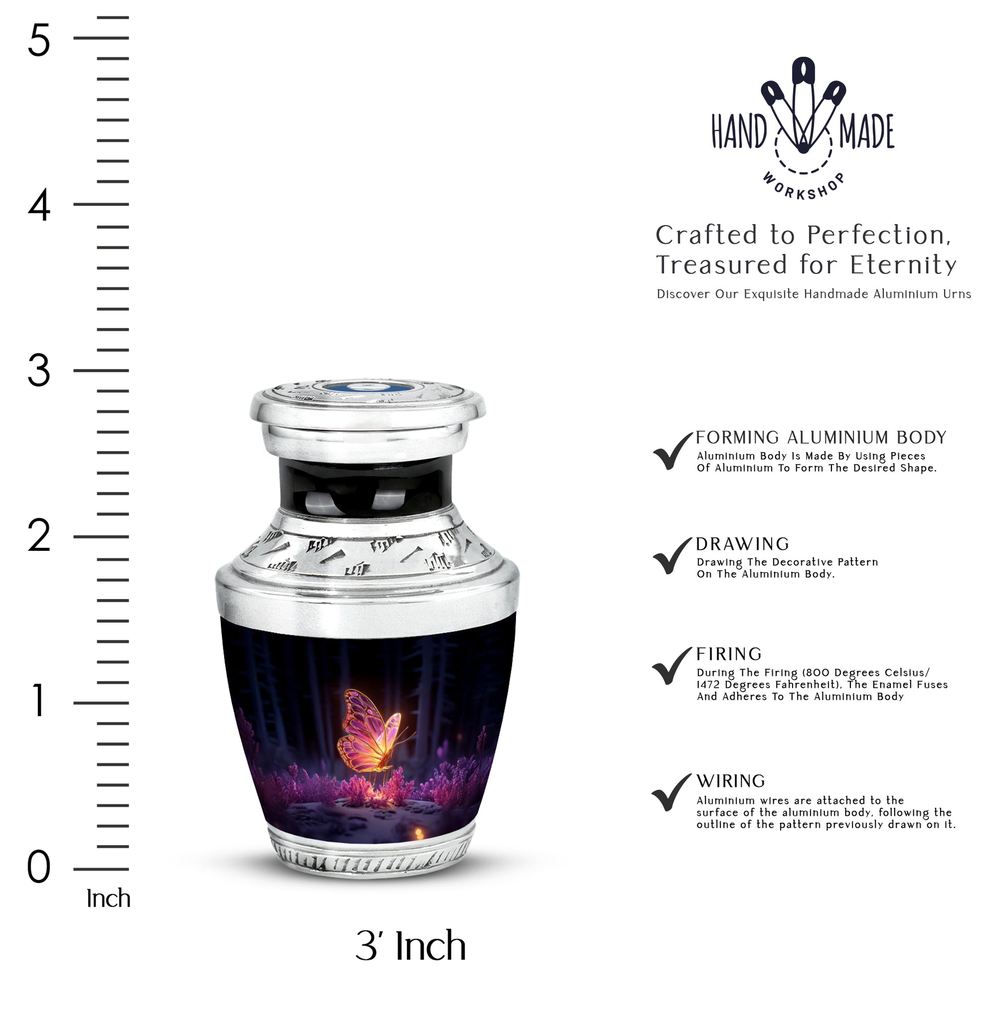 Dark Black Butterfly Cremation Urn top-down view of secure threaded lid - stylized abstract butterfly pattern with bold lines - mini keepsake memorial for portion of cremation ashes
