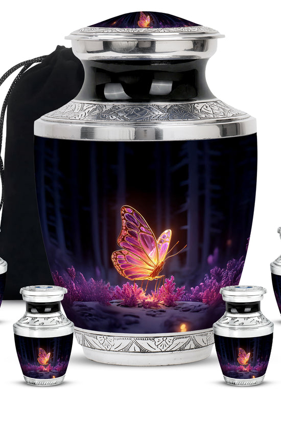 Ebony Butterfly Cremation Urn lifestyle display on memorial shelf - contemporary butterfly design with modern artistic flair - memorial set with one large and four small urns
