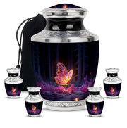 Ebony Butterfly Cremation Urn lifestyle display on memorial shelf - contemporary butterfly design with modern artistic flair - memorial set with one large and four small urns