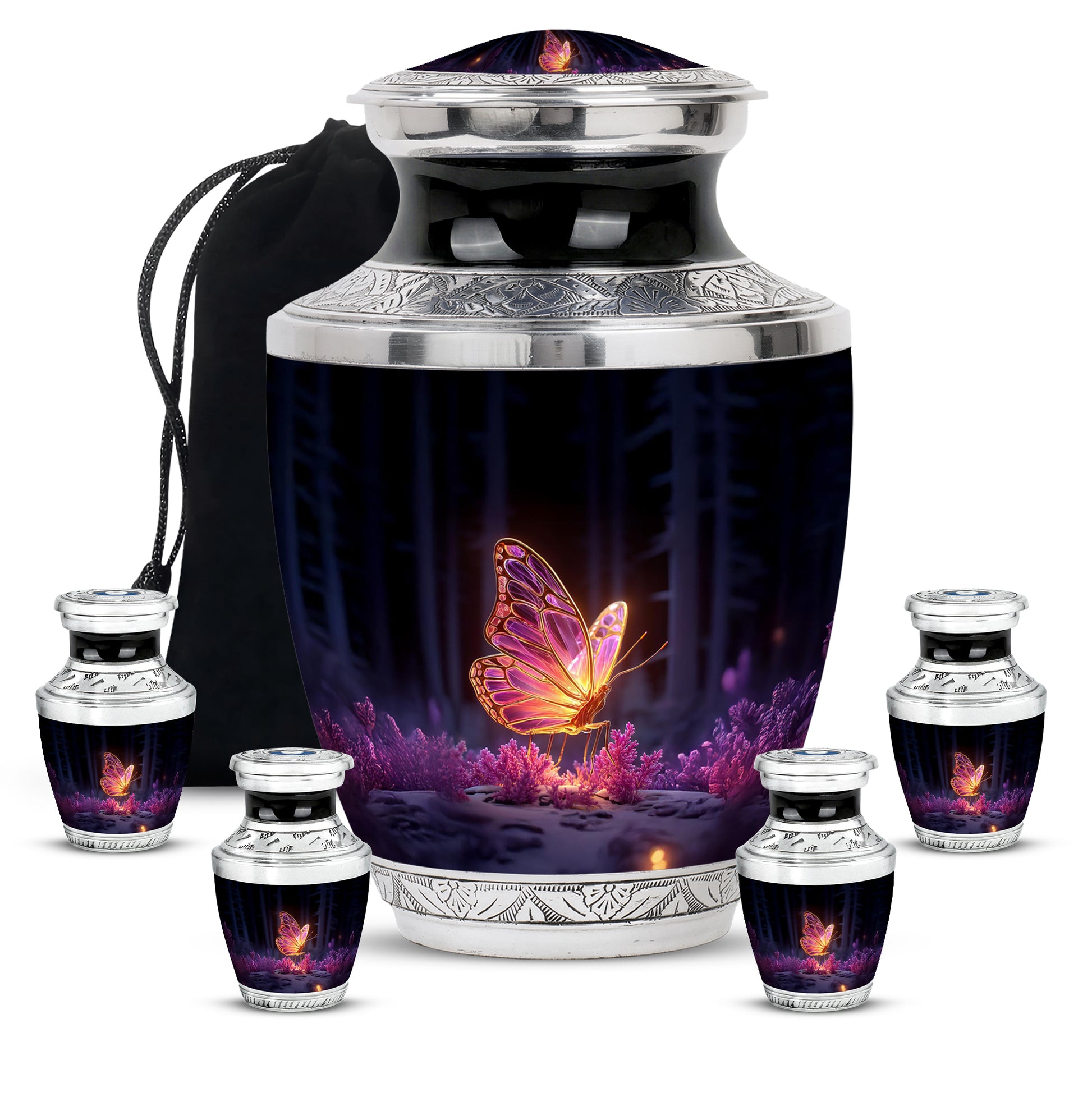Ebony Butterfly Cremation Urn lifestyle display on memorial shelf - contemporary butterfly design with modern artistic flair - memorial set with one large and four small urns