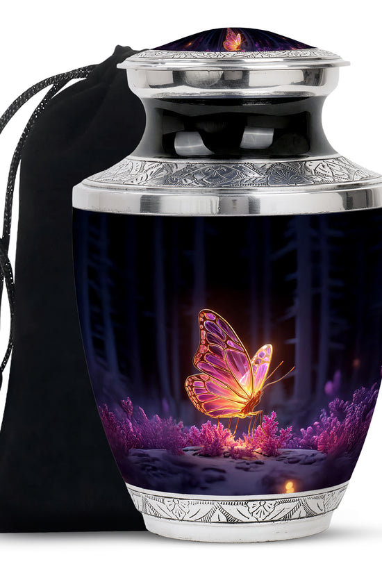 Ebony Butterfly Cremation Urn side profile showing urn shape - modern art-inspired butterfly motif on sleek aluminum - full-size 10 inch 200 cubic inch adult cremation urn