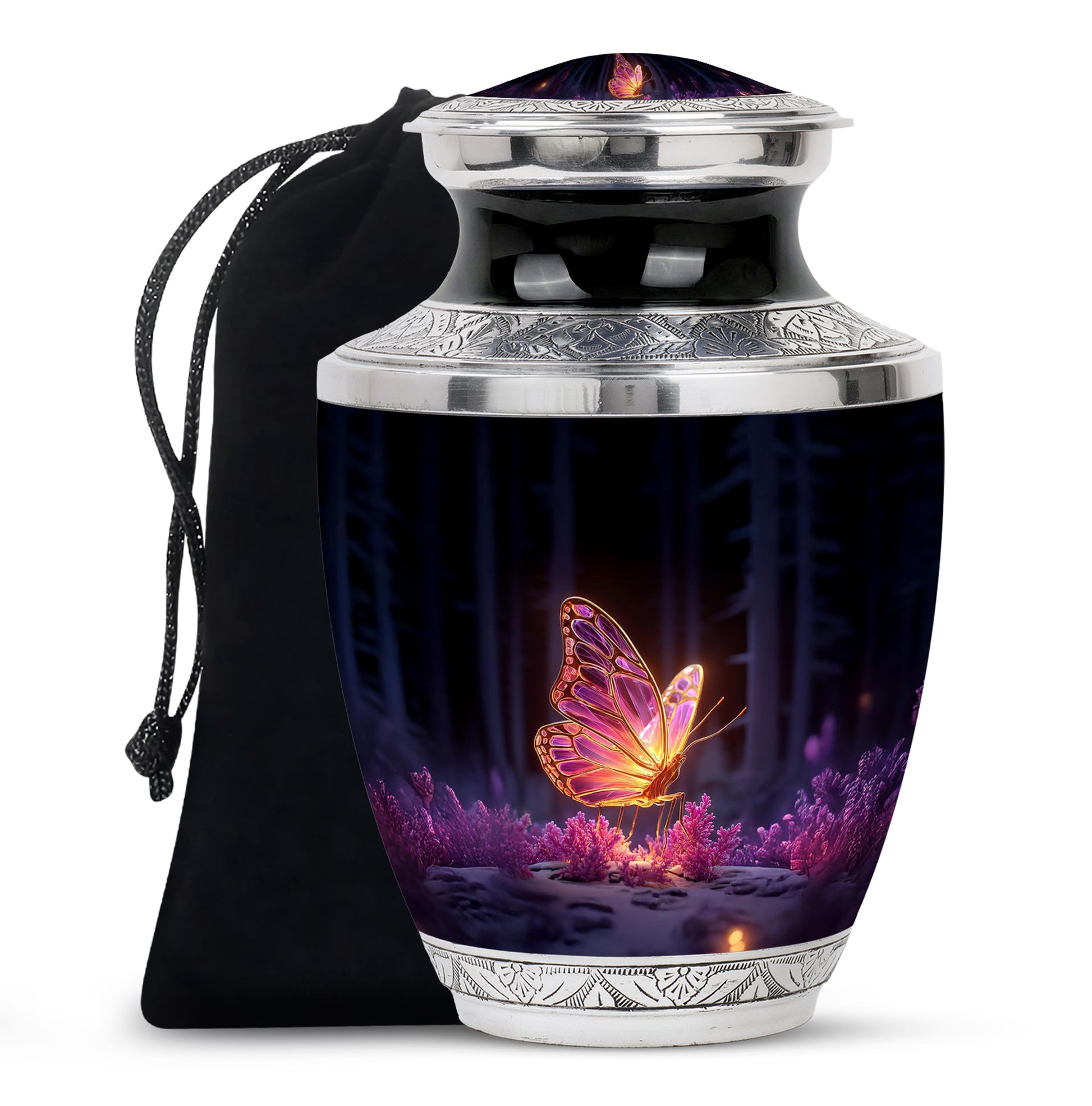 Ebony Butterfly Cremation Urn side profile showing urn shape - modern art-inspired butterfly motif on sleek aluminum - full-size 10 inch 200 cubic inch adult cremation urn