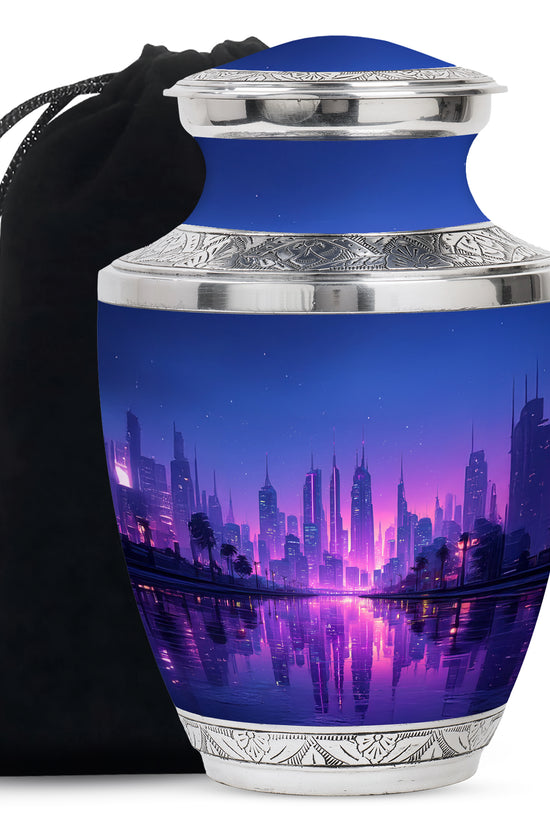 Elegant Blue Cityscape Urn - Unique Decorative Urns For Human Ashes