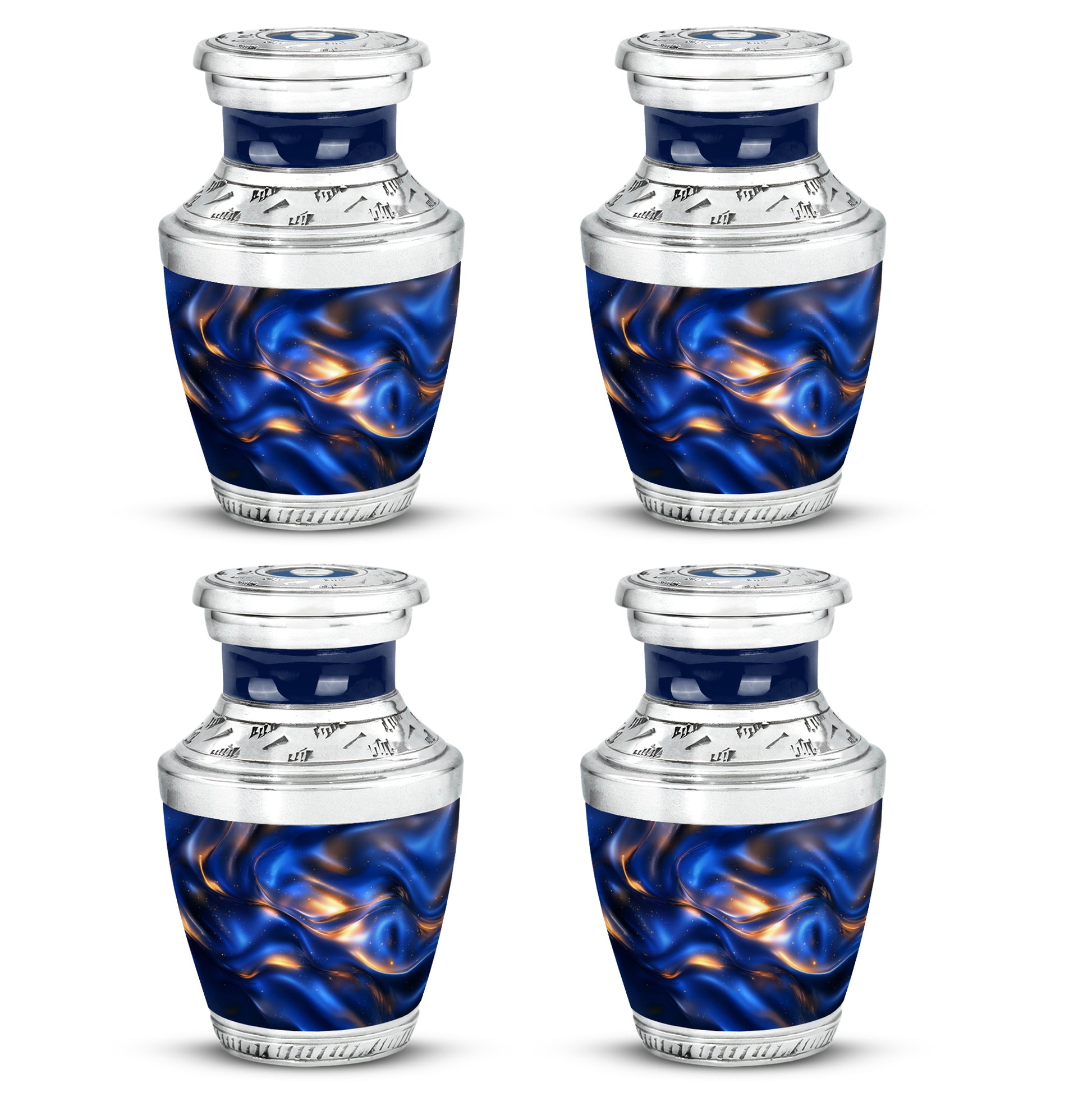 Calming Blue Blue Cremation Urn back view with polished surface - artistic blue interpretation with creative detail - 10 inch aluminum urn for cremated remains