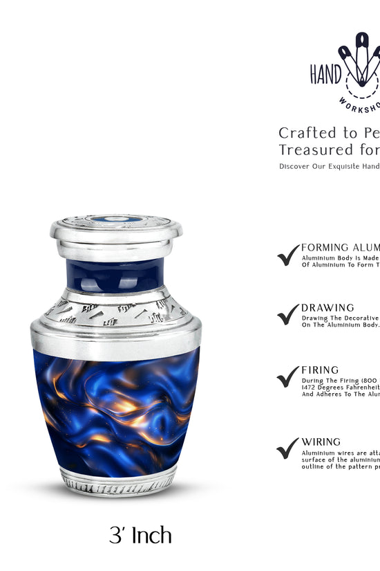 Royal Blue Blue Cremation Urn top-down view of secure threaded lid - artistic blue interpretation with creative detail - mini keepsake memorial for portion of cremation ashes