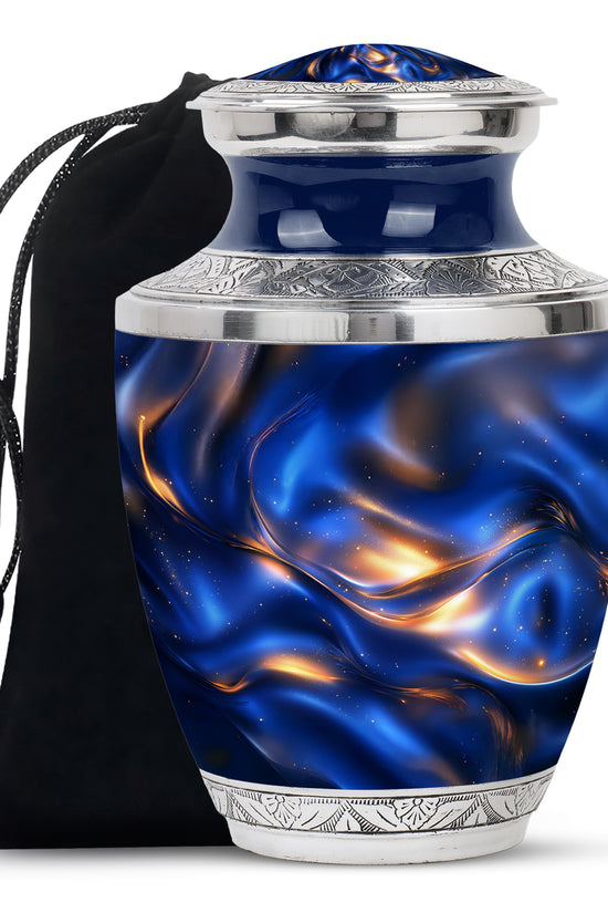 Cornflower Blue Blue Cremation Urn side profile showing urn shape - artistic blue interpretation with creative detail - full-size 10 inch 200 cubic inch adult cremation urn