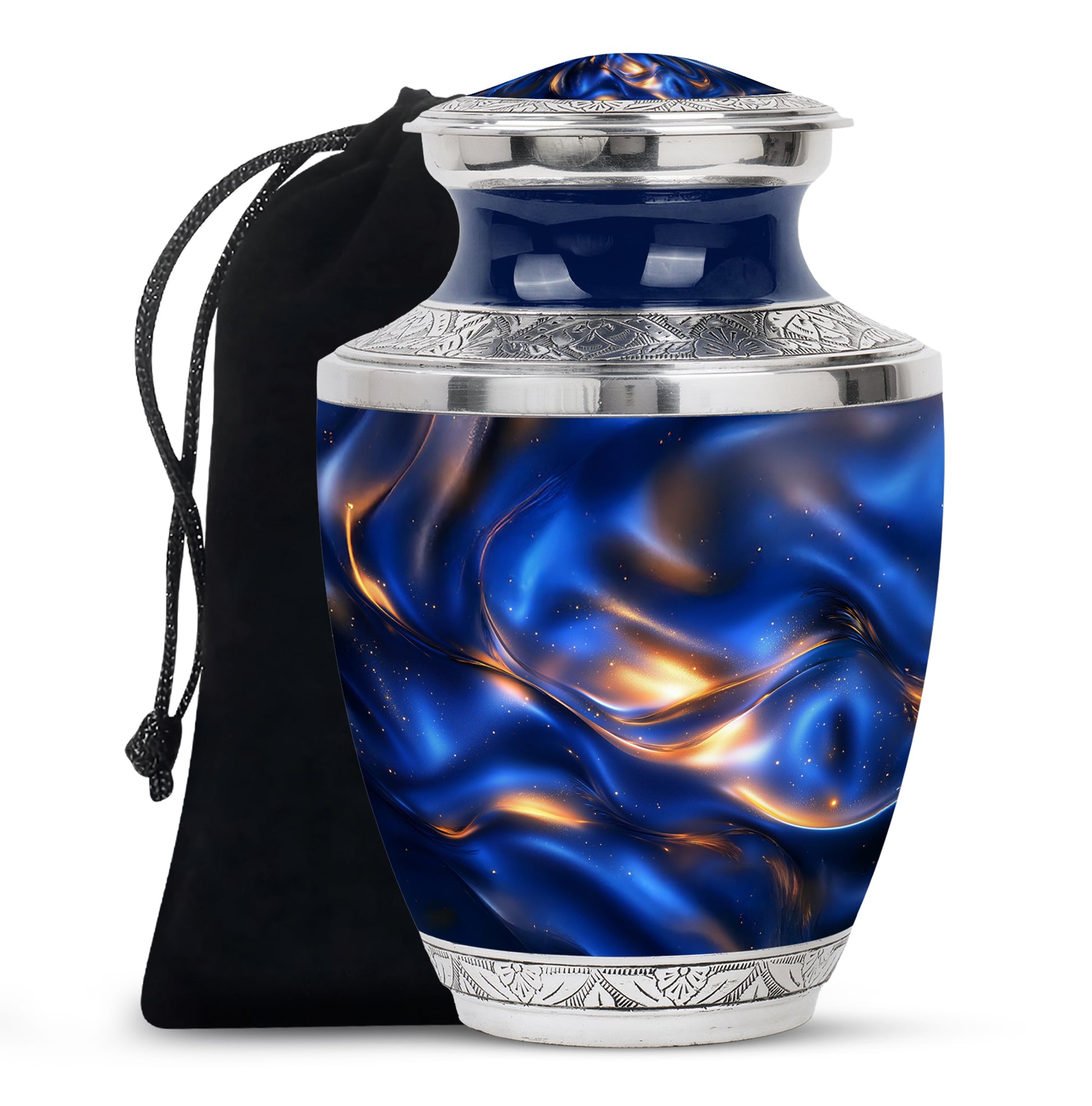 Cornflower Blue Blue Cremation Urn side profile showing urn shape - artistic blue interpretation with creative detail - full-size 10 inch 200 cubic inch adult cremation urn
