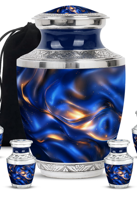 Soft Blue Blue Cremation Urn lifestyle display on memorial shelf - stylized abstract blue pattern with bold lines - memorial set with one large and four small urns