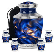 Soft Blue Blue Cremation Urn lifestyle display on memorial shelf - stylized abstract blue pattern with bold lines - memorial set with one large and four small urns