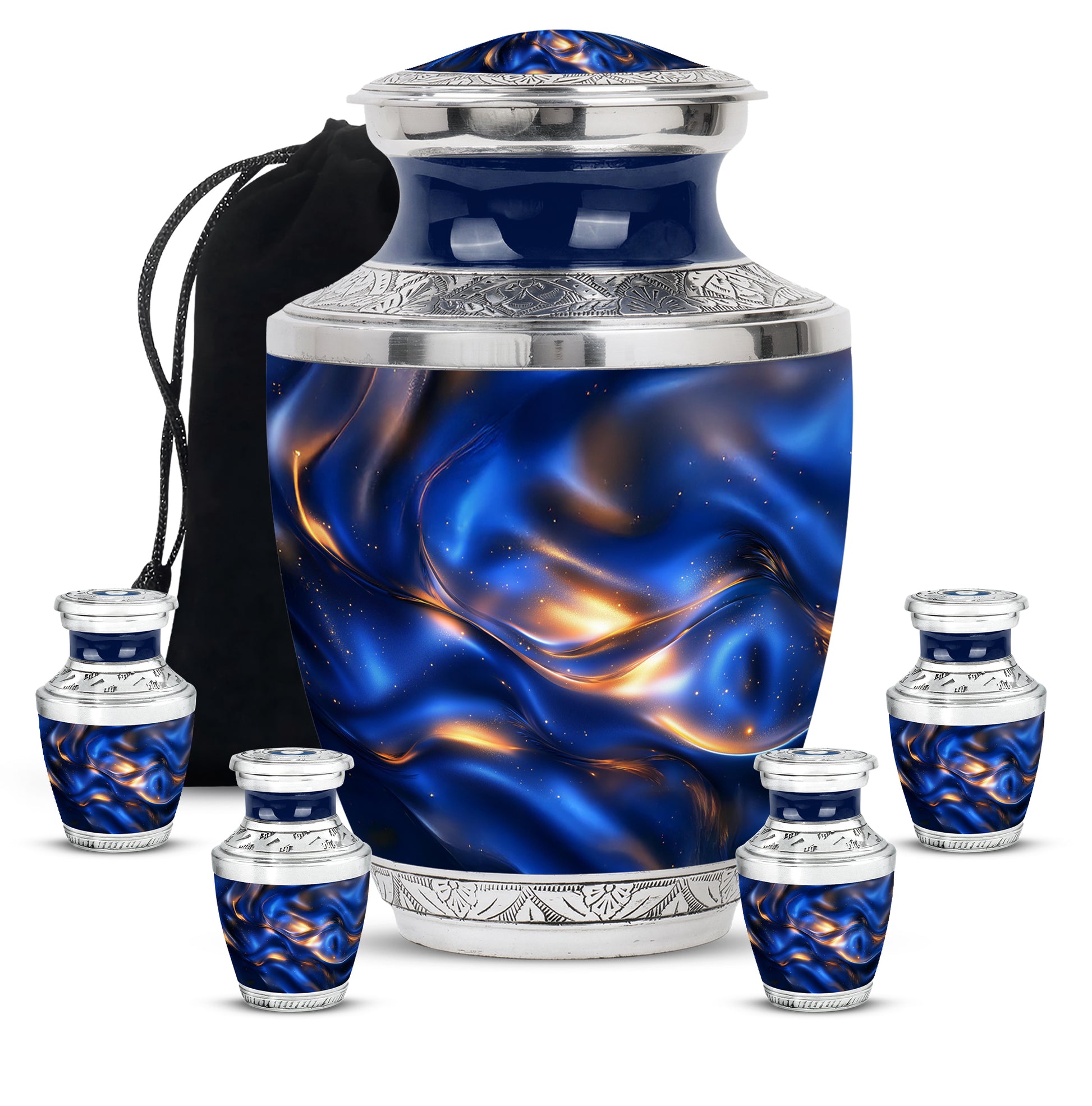 Soft Blue Blue Cremation Urn lifestyle display on memorial shelf - stylized abstract blue pattern with bold lines - memorial set with one large and four small urns
