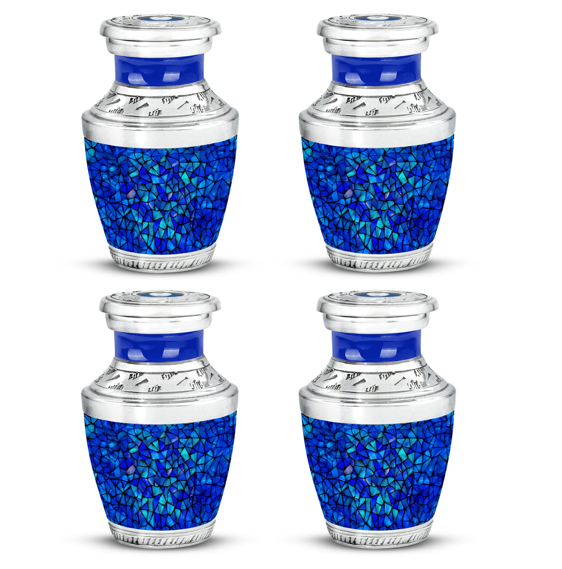 Sky Blue Blue Cremation Urn back view with polished surface - modern art-inspired blue motif on sleek aluminum - 10 inch aluminum urn for cremated remains