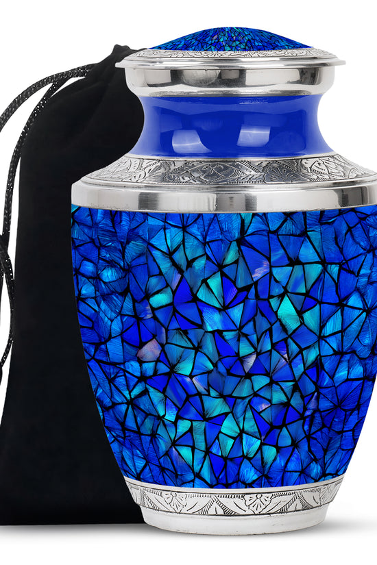 Sapphire Blue Blue Cremation Urn side profile showing urn shape - stylized abstract blue pattern with bold lines - full-size 10 inch 200 cubic inch adult cremation urn