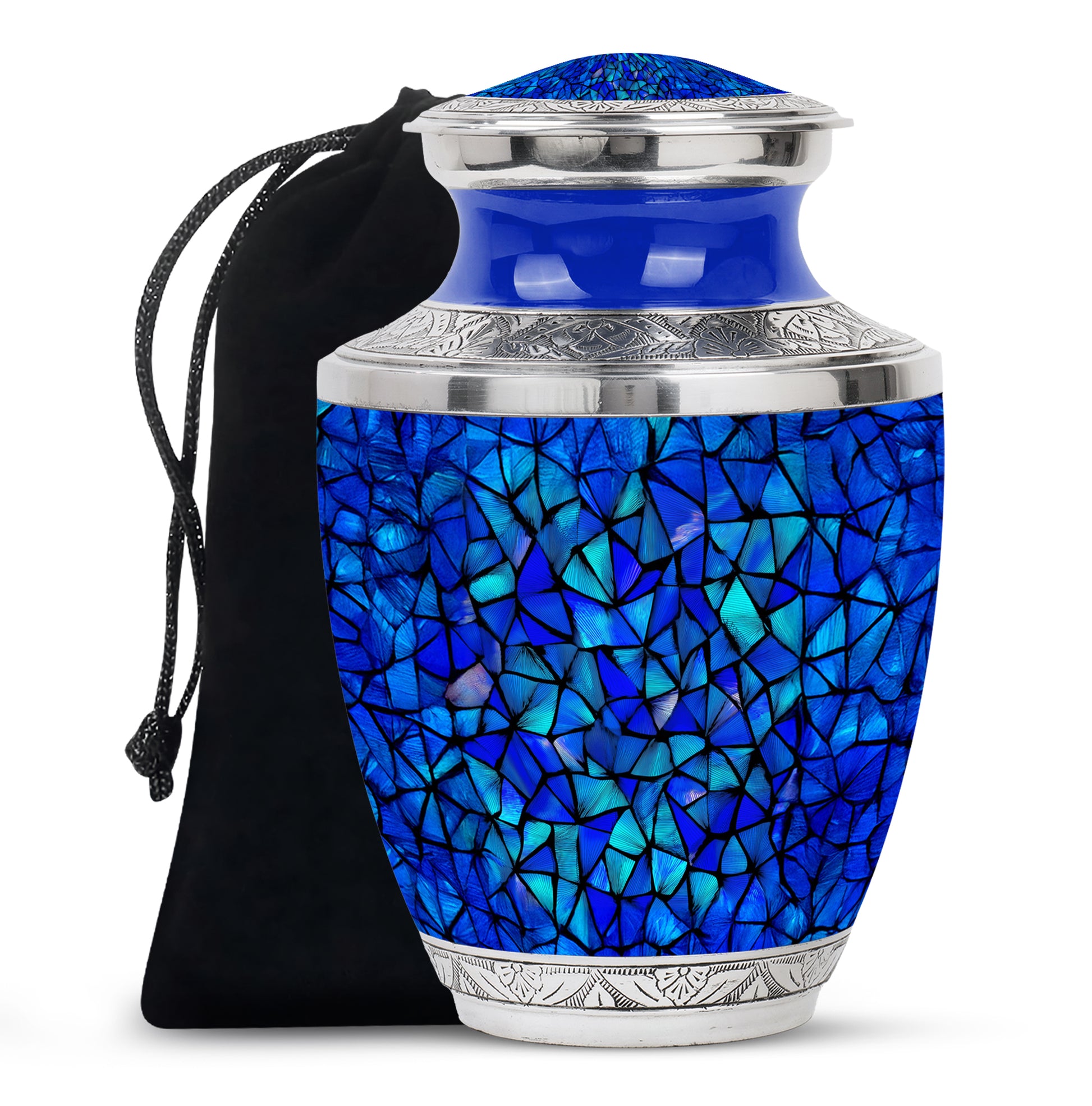 Sapphire Blue Blue Cremation Urn side profile showing urn shape - stylized abstract blue pattern with bold lines - full-size 10 inch 200 cubic inch adult cremation urn