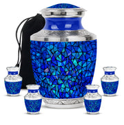 Dusty Blue Blue Cremation Urn lifestyle display on memorial shelf - modern art-inspired blue motif on sleek aluminum - memorial set with one large and four small urns