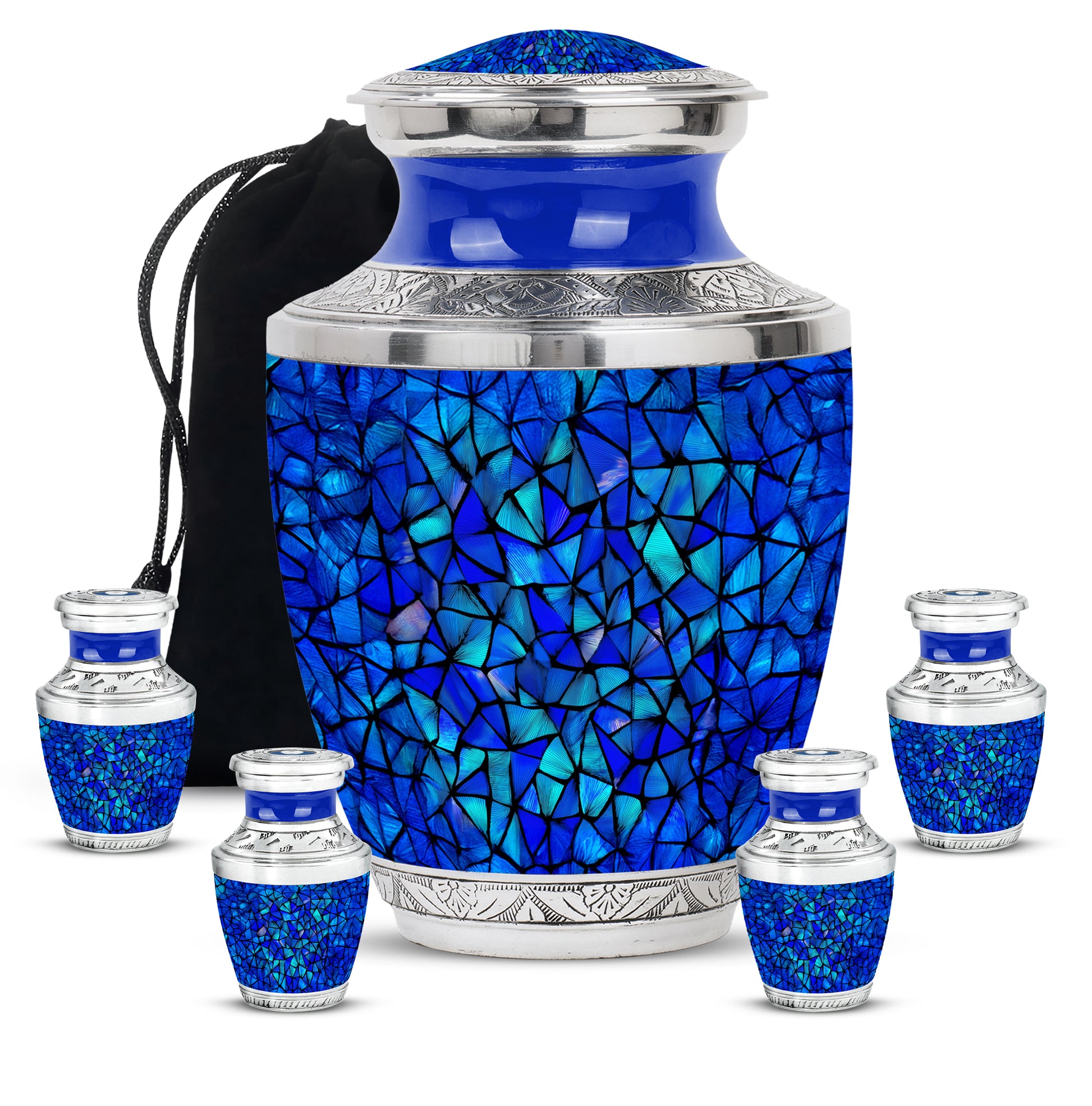 Dusty Blue Blue Cremation Urn lifestyle display on memorial shelf - modern art-inspired blue motif on sleek aluminum - memorial set with one large and four small urns