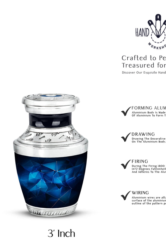 Azure Blue Cremation Urn top-down view of secure threaded lid - modern art-inspired blue motif on sleek aluminum - mini keepsake memorial for portion of cremation ashes