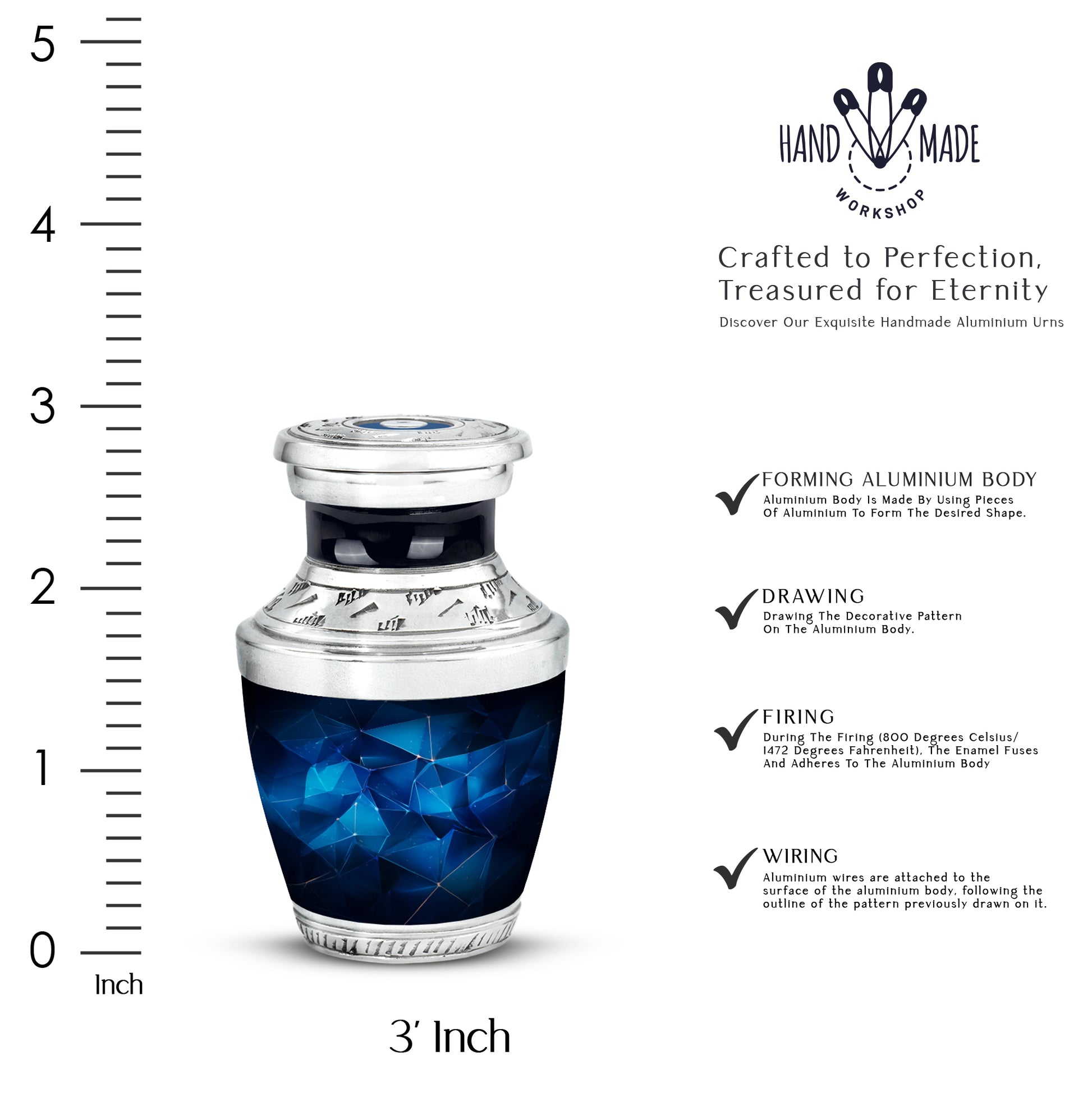 Azure Blue Cremation Urn top-down view of secure threaded lid - modern art-inspired blue motif on sleek aluminum - mini keepsake memorial for portion of cremation ashes