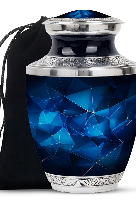 Bright Blue Blue Cremation Urn side profile showing urn shape - stylized abstract blue pattern with bold lines - full-size 10 inch 200 cubic inch adult cremation urn
