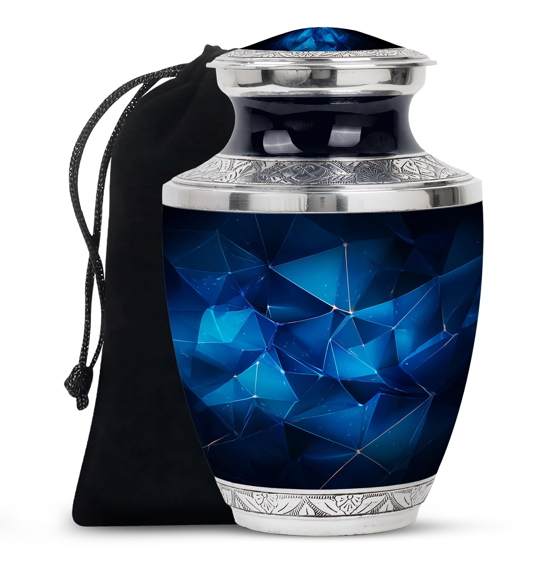 Bright Blue Blue Cremation Urn side profile showing urn shape - stylized abstract blue pattern with bold lines - full-size 10 inch 200 cubic inch adult cremation urn