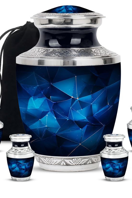Powder Blue Blue Cremation Urn lifestyle display on memorial shelf - contemporary blue design with modern artistic flair - memorial set with one large and four small urns