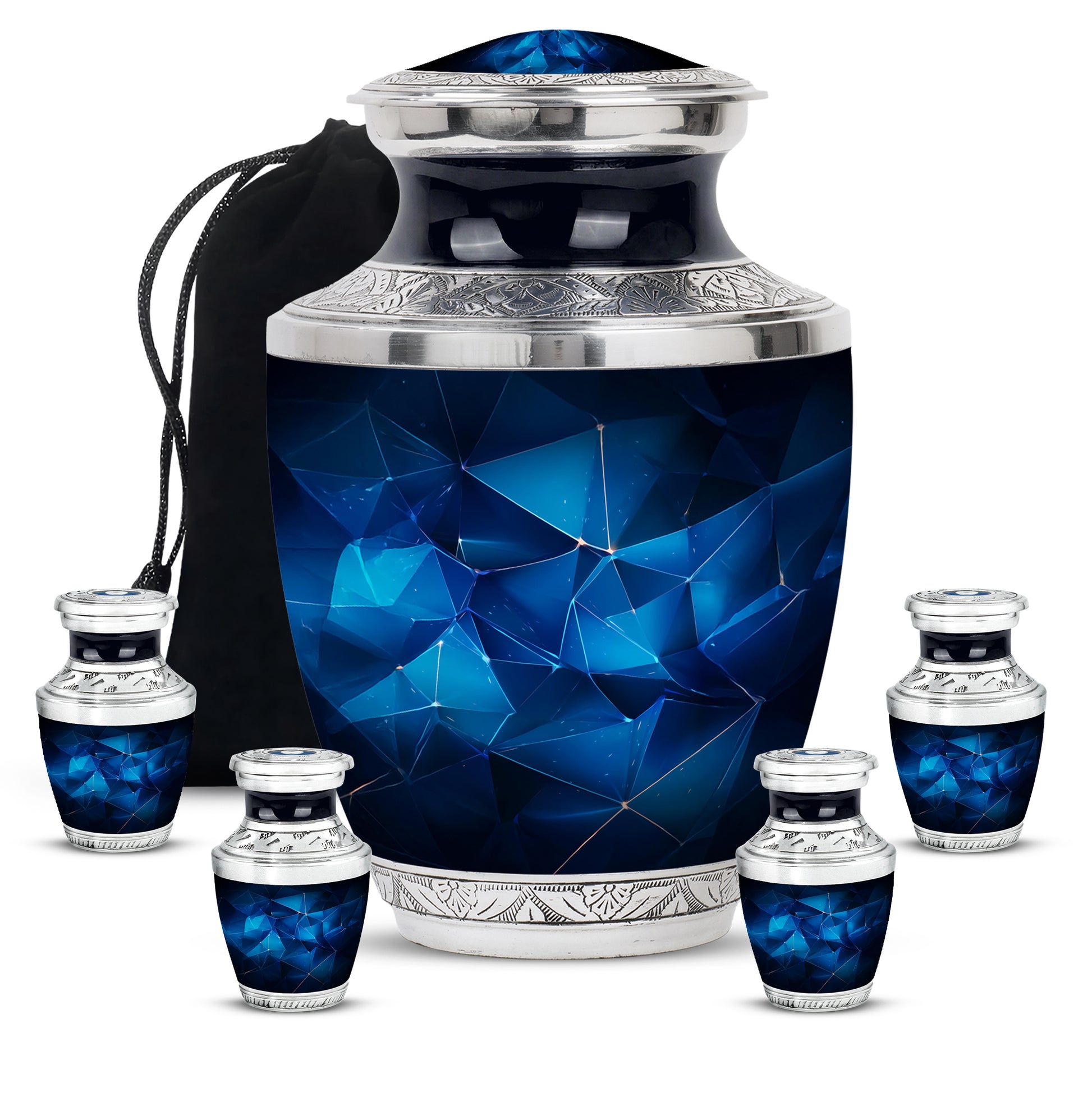 Powder Blue Blue Cremation Urn lifestyle display on memorial shelf - contemporary blue design with modern artistic flair - memorial set with one large and four small urns