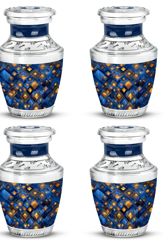 Azure Blue Cremation Urn back view with polished surface - modern art-inspired blue motif on sleek aluminum - 10 inch aluminum urn for cremated remains
