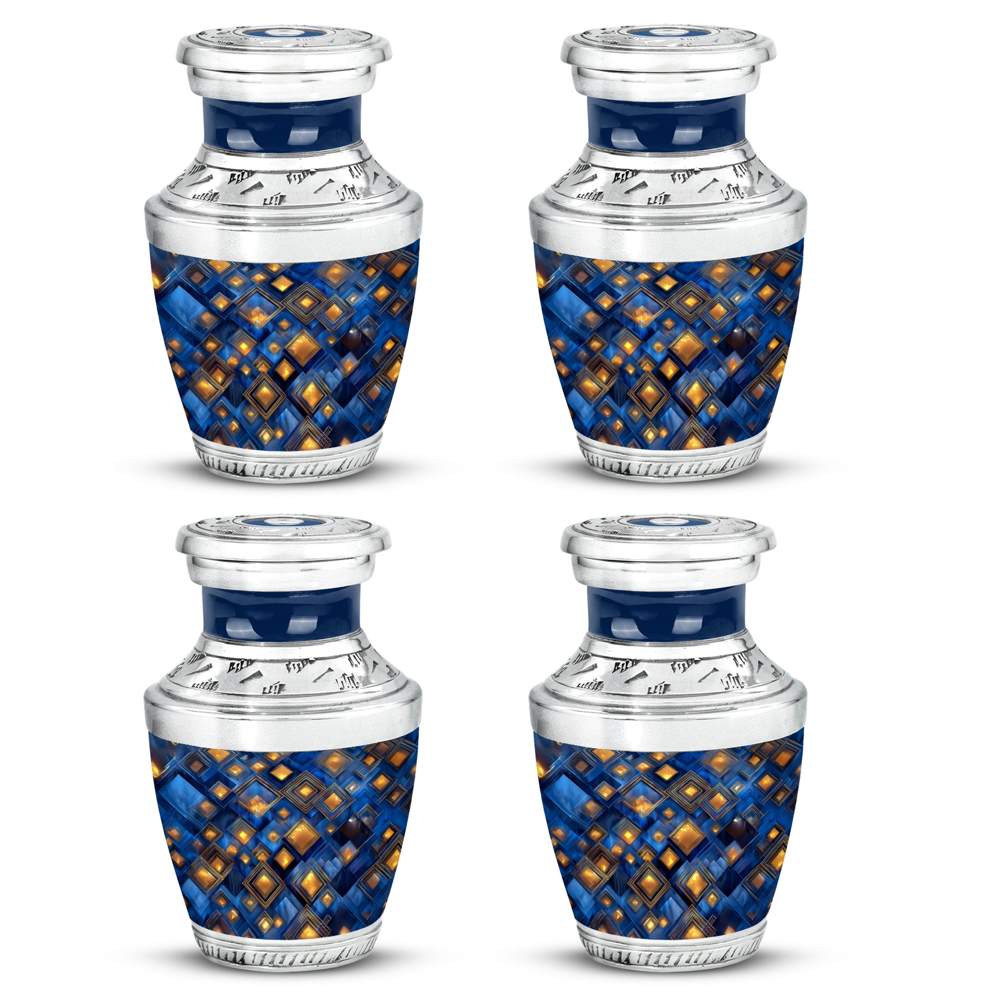 Azure Blue Cremation Urn back view with polished surface - modern art-inspired blue motif on sleek aluminum - 10 inch aluminum urn for cremated remains