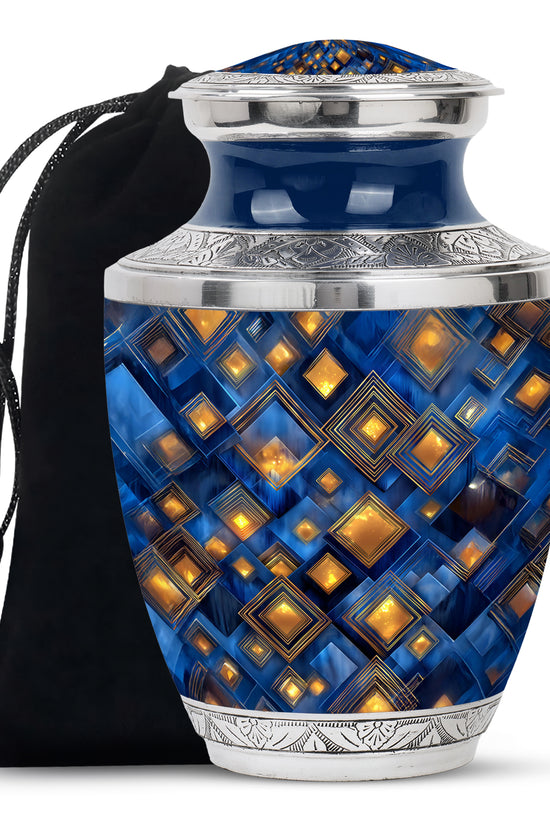 Slate Blue Blue Cremation Urn side profile showing urn shape - modern art-inspired blue motif on sleek aluminum - full-size 10 inch 200 cubic inch adult cremation urn