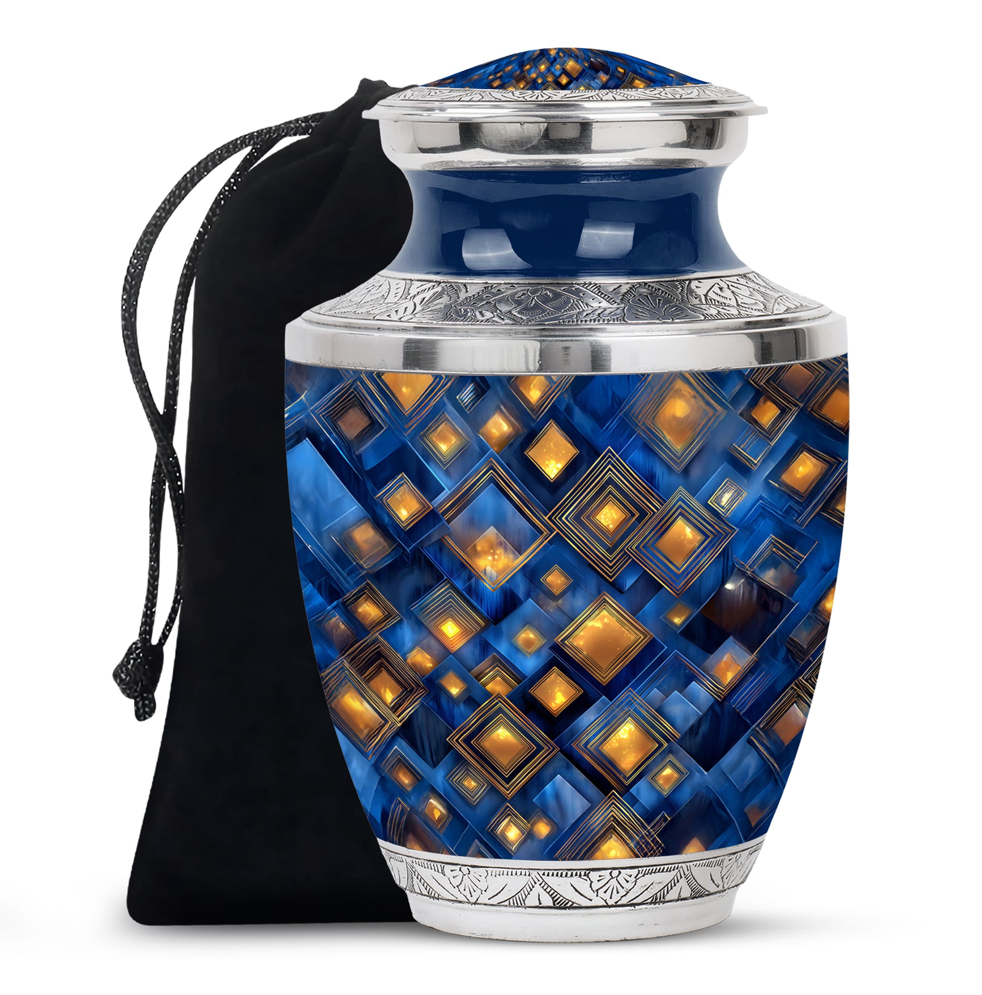 Slate Blue Blue Cremation Urn side profile showing urn shape - modern art-inspired blue motif on sleek aluminum - full-size 10 inch 200 cubic inch adult cremation urn