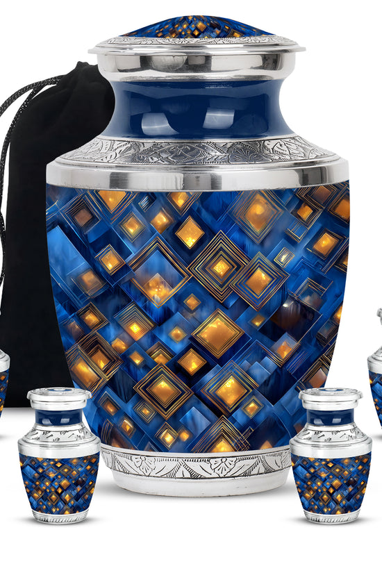 Azure Blue Cremation Urn lifestyle display on memorial shelf - contemporary blue design with modern artistic flair - memorial set with one large and four small urns