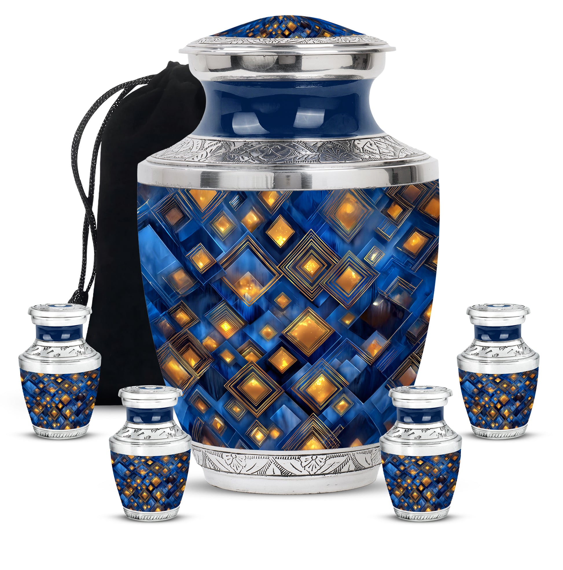 Azure Blue Cremation Urn lifestyle display on memorial shelf - contemporary blue design with modern artistic flair - memorial set with one large and four small urns