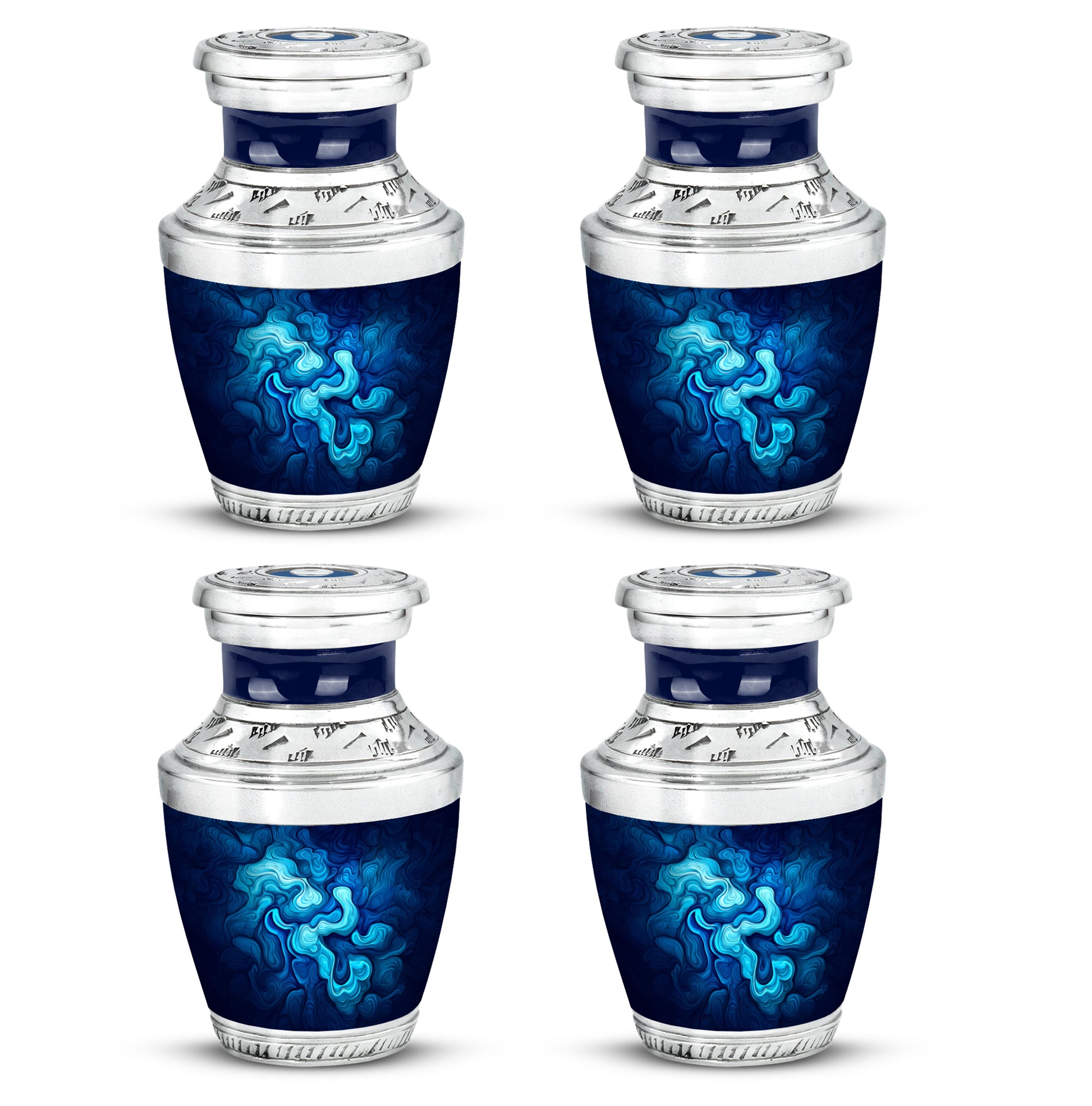 Sky Blue Blue Cremation Urn back view with polished surface - contemporary blue design with modern artistic flair - 10 inch aluminum urn for cremated remains