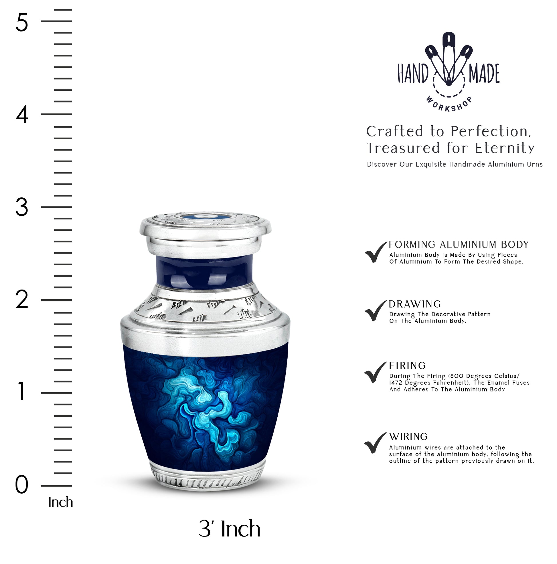 Soft Blue Blue Cremation Urn top-down view of secure threaded lid - stylized abstract blue pattern with bold lines - mini keepsake memorial for portion of cremation ashes
