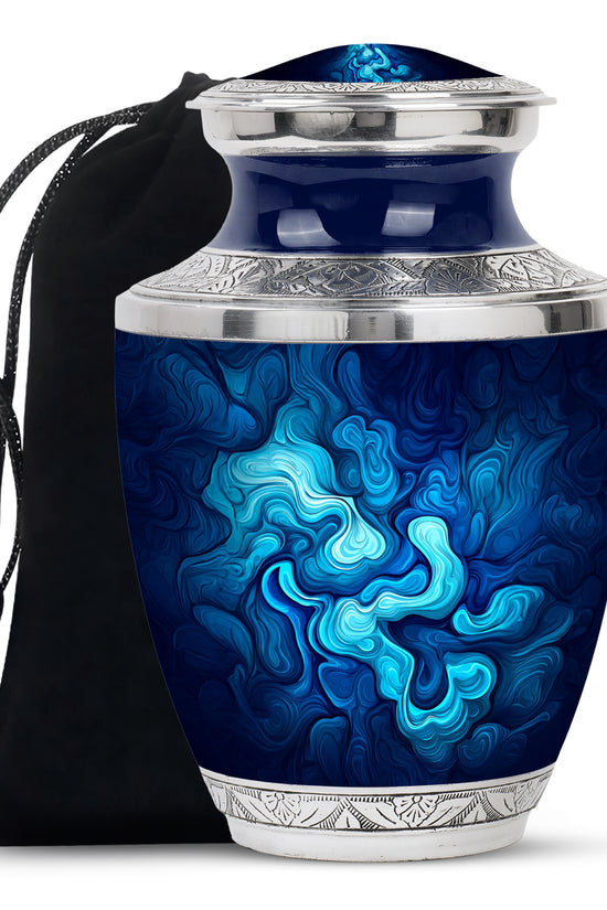 Azure Blue Cremation Urn side profile showing urn shape - modern art-inspired blue motif on sleek aluminum - full-size 10 inch 200 cubic inch adult cremation urn