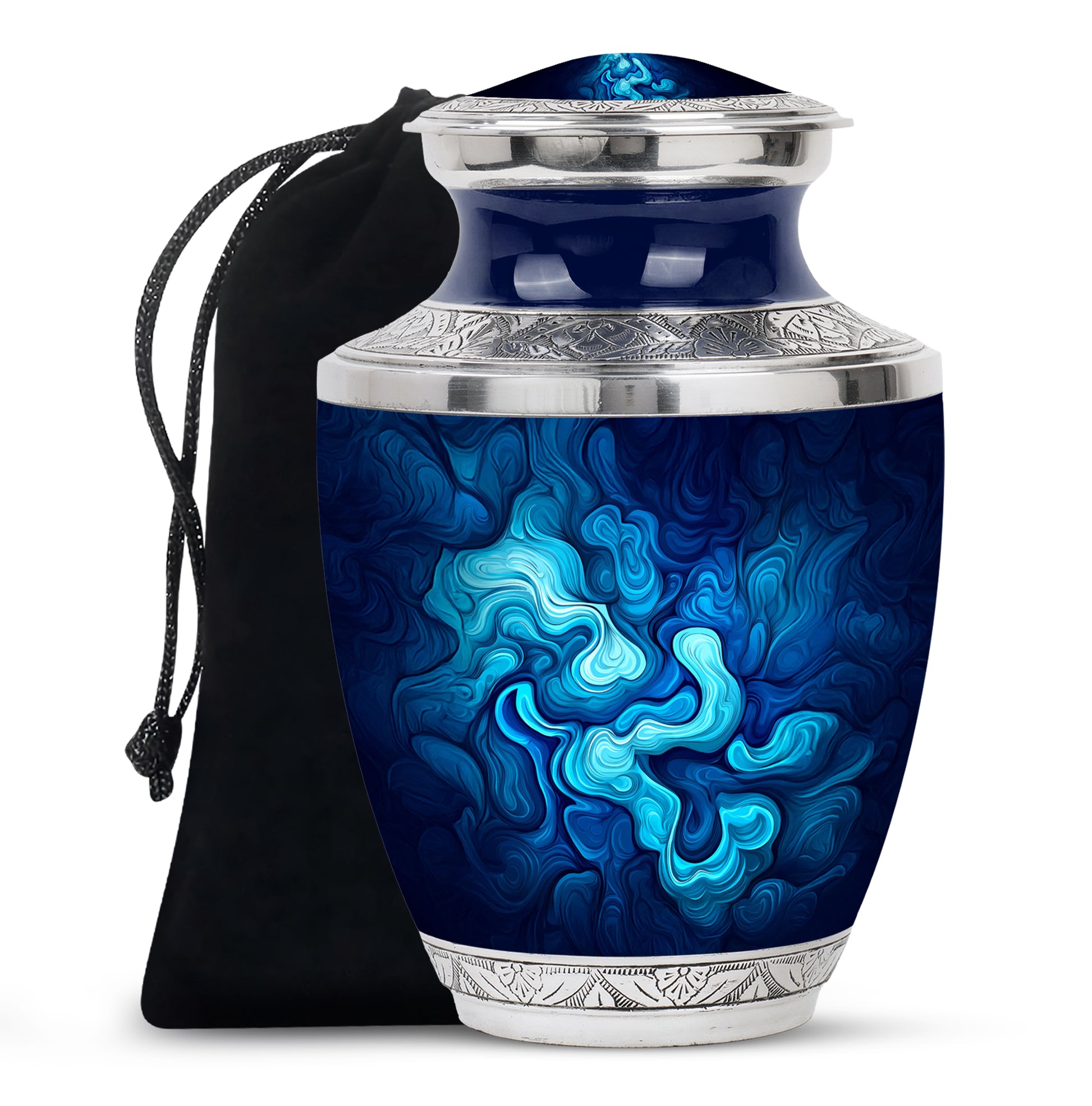 Azure Blue Cremation Urn side profile showing urn shape - modern art-inspired blue motif on sleek aluminum - full-size 10 inch 200 cubic inch adult cremation urn