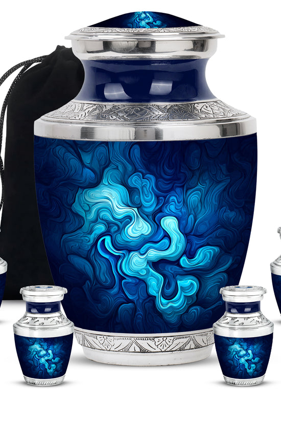 Bright Blue Blue Cremation Urn lifestyle display on memorial shelf - stylized abstract blue pattern with bold lines - memorial set with one large and four small urns