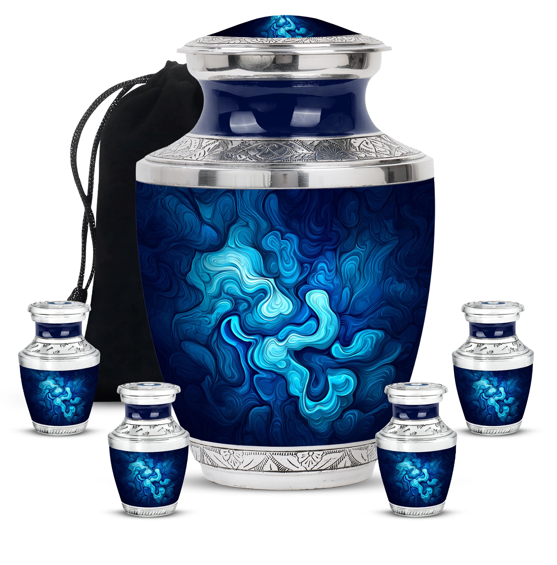Bright Blue Blue Cremation Urn lifestyle display on memorial shelf - stylized abstract blue pattern with bold lines - memorial set with one large and four small urns