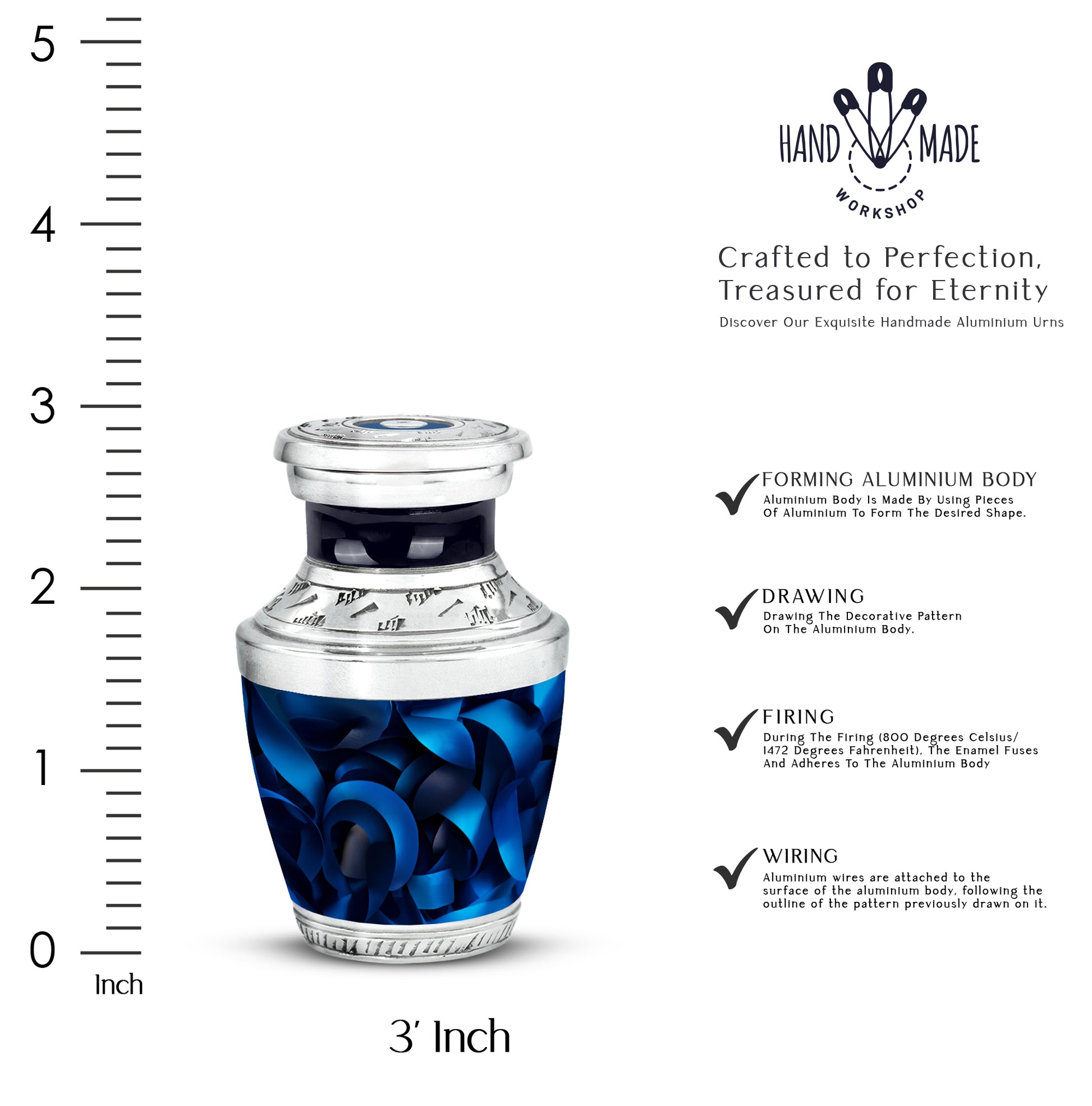 Obsidian Black Blue Cremation Urn top-down view of secure threaded lid - stylized abstract blue pattern with bold lines - mini keepsake memorial for portion of cremation ashes