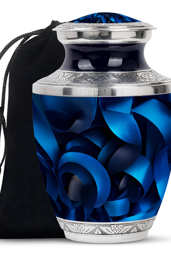 Charcoal Black Blue Cremation Urn side profile showing urn shape - stylized abstract blue pattern with bold lines - full-size 10 inch 200 cubic inch adult cremation urn