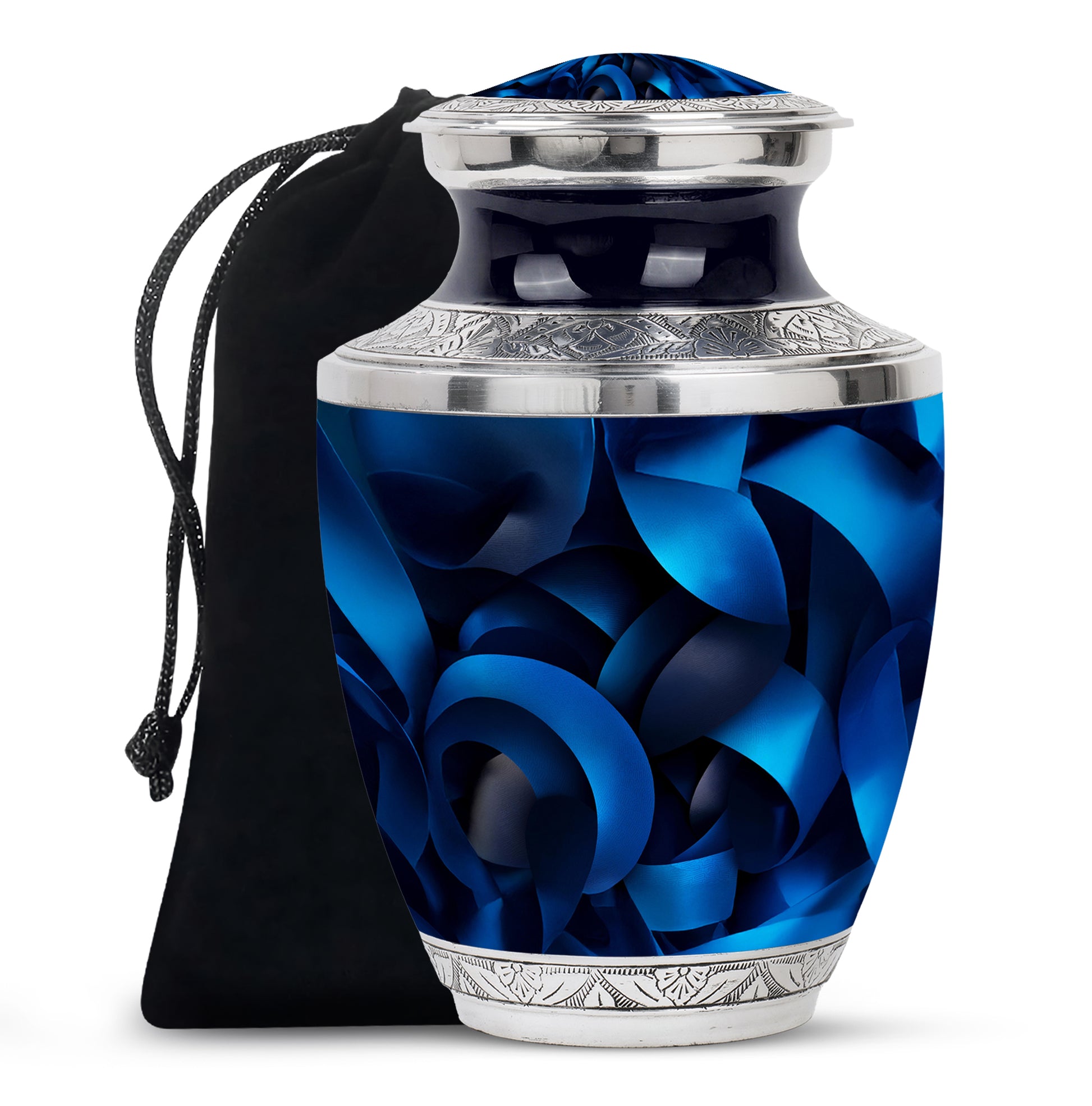 Charcoal Black Blue Cremation Urn side profile showing urn shape - stylized abstract blue pattern with bold lines - full-size 10 inch 200 cubic inch adult cremation urn
