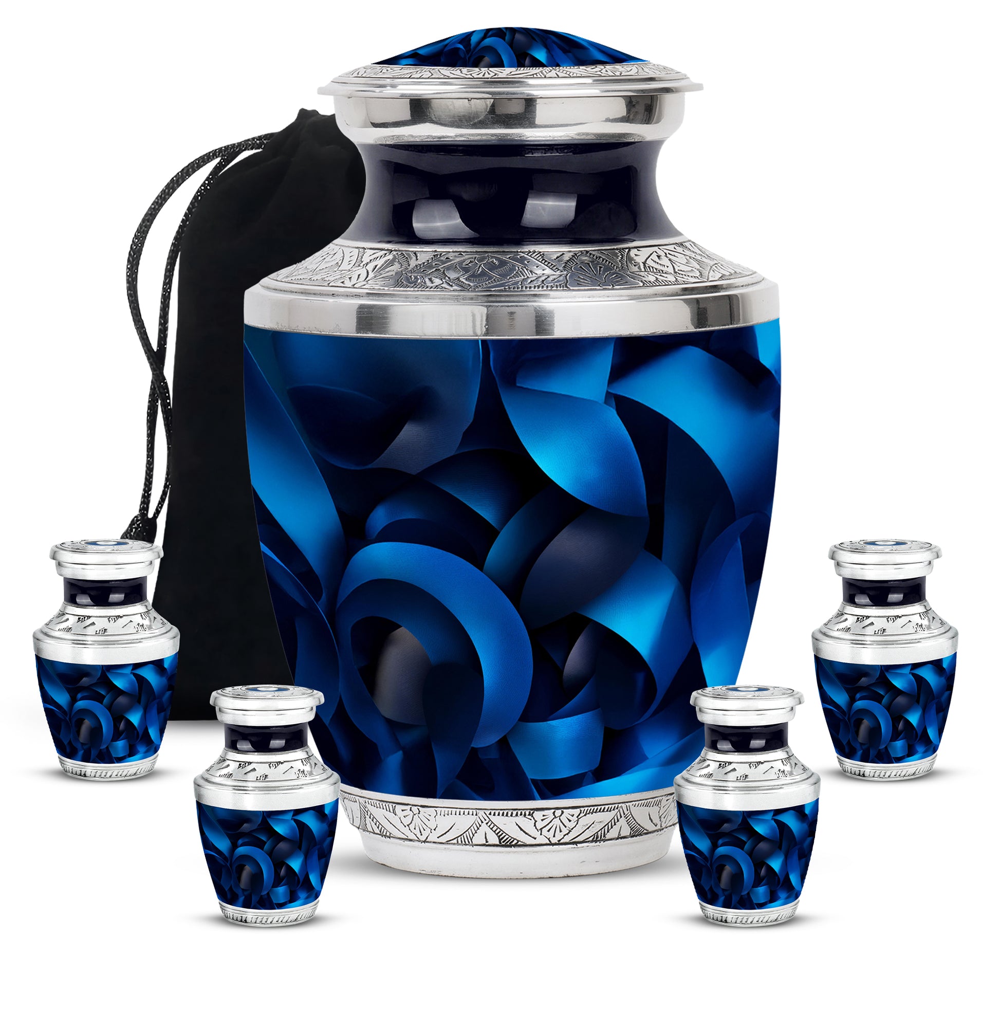 Obsidian Black Blue Cremation Urn lifestyle display on memorial shelf - stylized abstract blue pattern with bold lines - memorial set with one large and four small urns