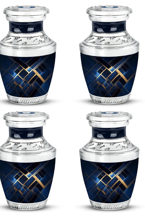 Steel Blue Blue Cremation Urn back view with polished surface - stylized abstract blue pattern with bold lines - 10 inch aluminum urn for cremated remains
