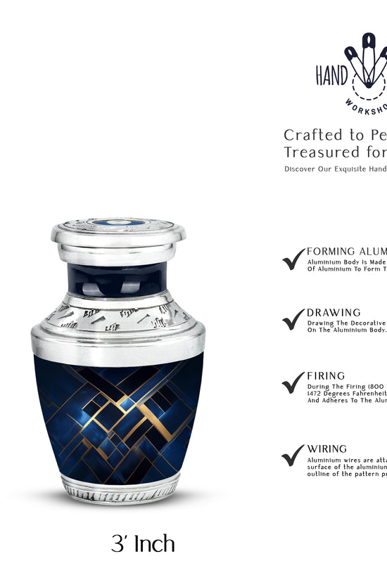 Calming Blue Blue Cremation Urn top-down view of secure threaded lid - stylized abstract blue pattern with bold lines - mini keepsake memorial for portion of cremation ashes