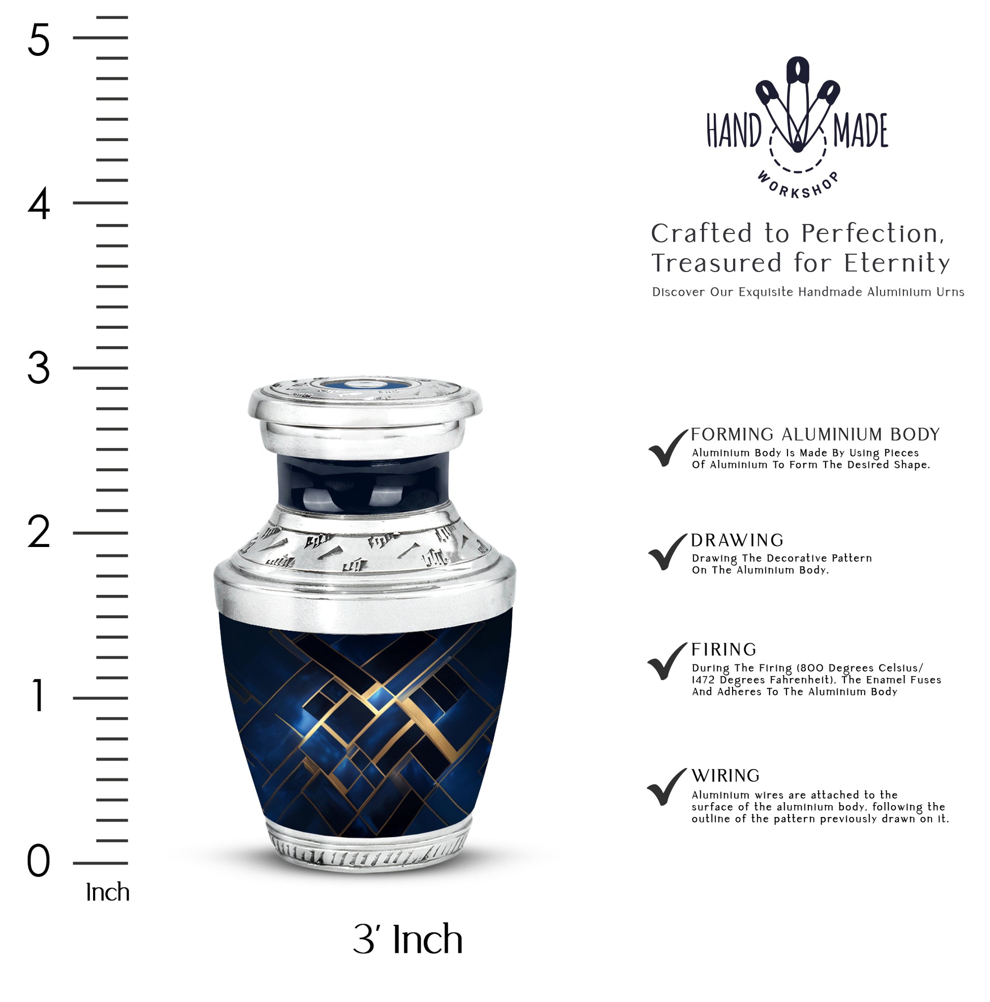Calming Blue Blue Cremation Urn top-down view of secure threaded lid - stylized abstract blue pattern with bold lines - mini keepsake memorial for portion of cremation ashes