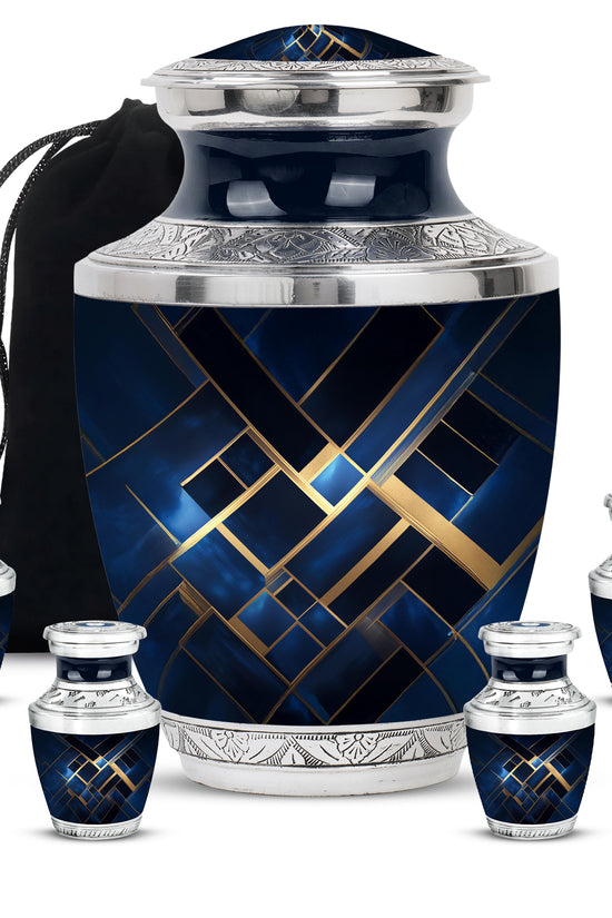 Powder Blue Blue Cremation Urn lifestyle display on memorial shelf - contemporary blue design with modern artistic flair - memorial set with one large and four small urns
